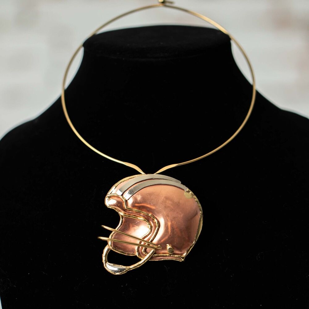 Vintage Football Helmet Bib Necklace Brooch Copper Tone Statement Jewelry